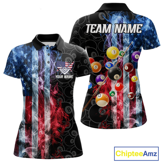 Smoke American flag 8 ball billiard polo shirt for women, custom patriotic pool team jersey.