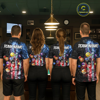 Back view of pool team wearing matching smoke American flag 8 ball billiard shirts.