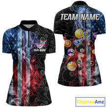 Load image into Gallery viewer, Smoke American flag 8 ball quarter zip billiard shirt for women, custom pool team jersey.