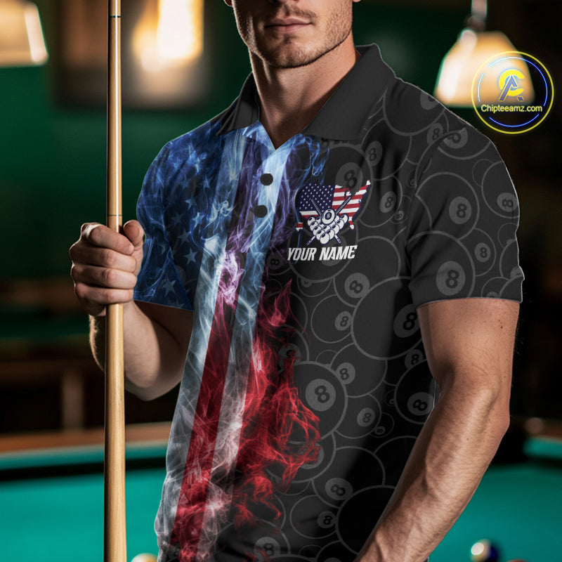 Man wearing a smoke American flag 8 ball pool billiard jersey front view.
