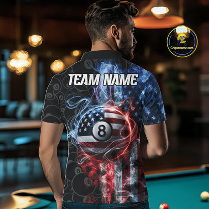 Back view of man wearing a smoke American flag 8 ball pool team jersey.