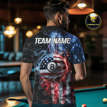 Load image into Gallery viewer, Back view of man wearing a smoke American flag 8 ball pool team jersey.