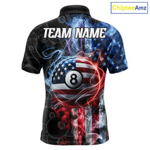 Load image into Gallery viewer, Patriotic smoke American flag 8 ball pool custom billiard polo shirt for men.