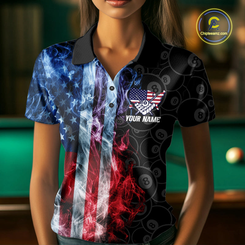 Woman wearing a smoke American flag 8 ball pool billiard jersey front view.