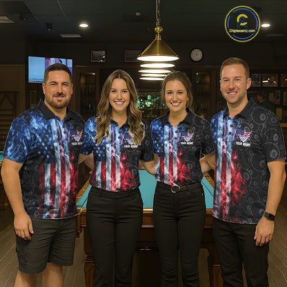 Pool team wearing matching smoke American flag 8 ball pool billiard jerseys front view.