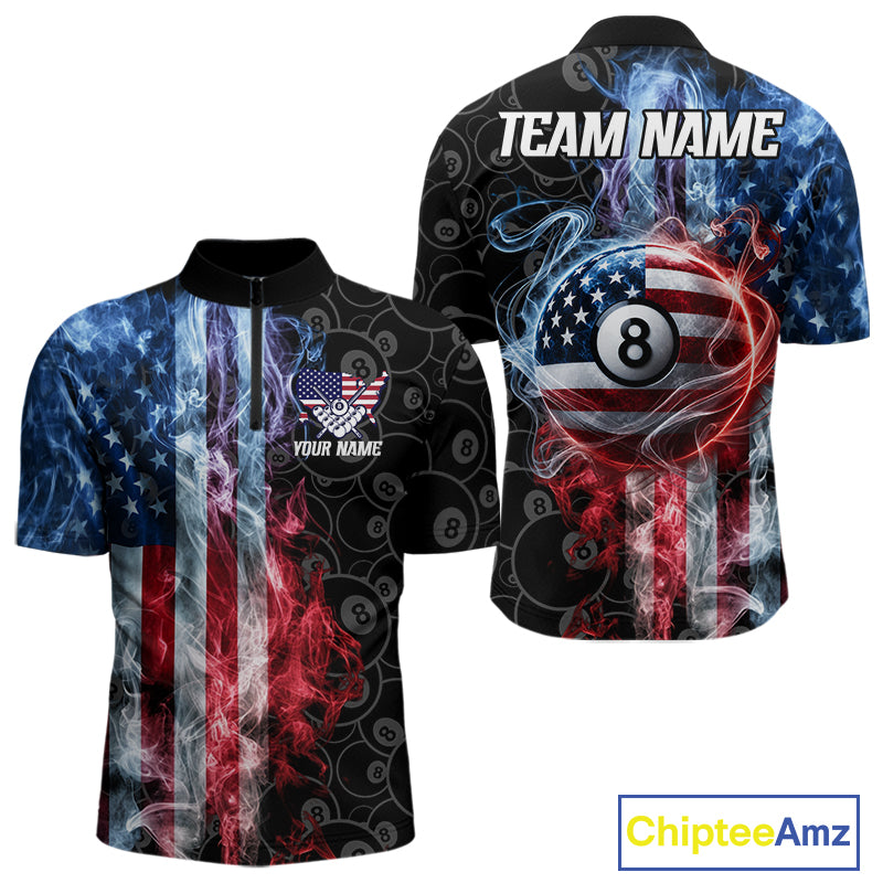 Smoke American flag 8 ball pool quarter zip billiard shirt for men, patriotic team jersey.