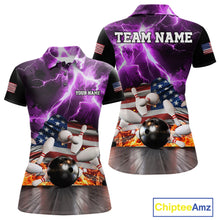 Load image into Gallery viewer, Purple lightning thunder American flag bowling team polo shirt for women, patriotic bowling jersey design.
