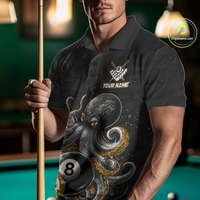 Man wearing a funny octopus 8 ball billiard jersey front view.