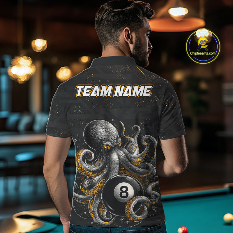 Back view of man wearing a funny octopus 8 ball pool team jersey.