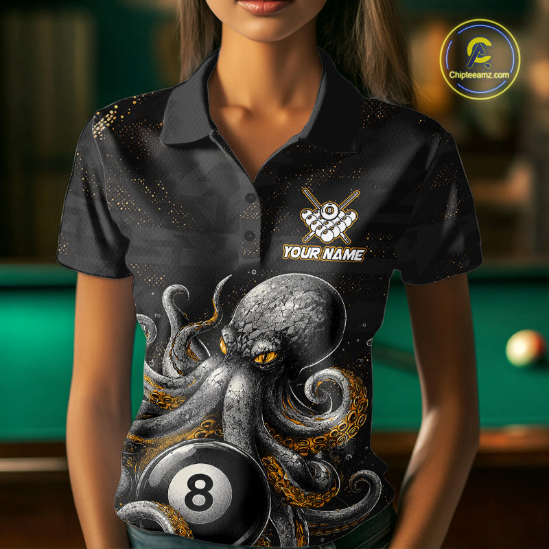 Woman wearing a funny octopus 9 ball billiard jersey front view.