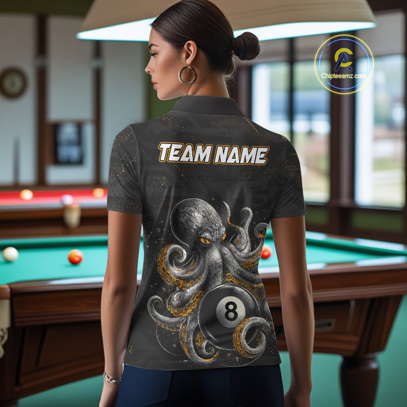 Back view of woman wearing a funny octopus 9 ball pool team jersey.