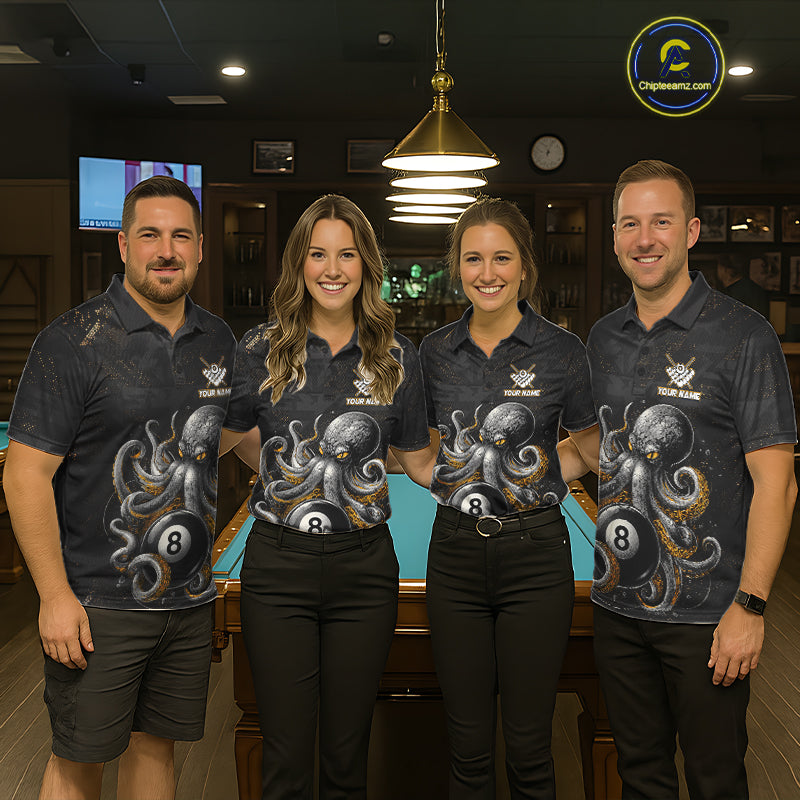 Back view of pool team wearing matching funny octopus 8 ball billiard shirts.
