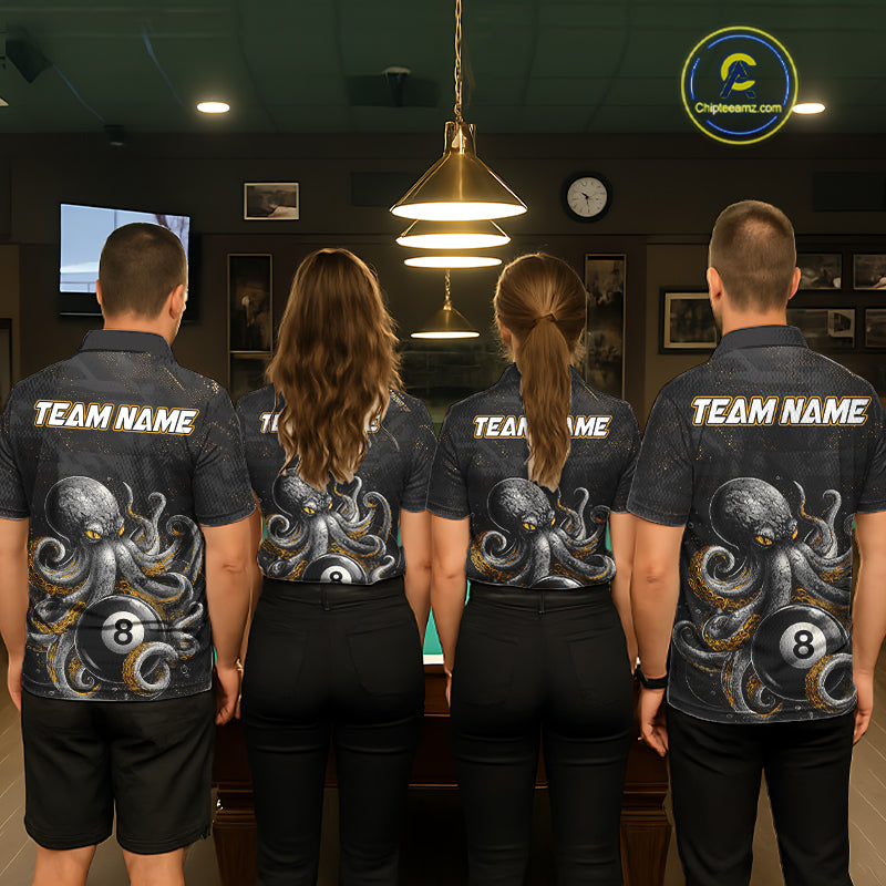 Pool team wearing matching funny octopus 8 ball billiard jerseys front view.