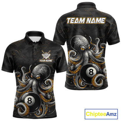 Funny octopus 8 ball custom billiard polo shirt for men with colorful ocean themed graphics.