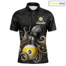 Load image into Gallery viewer, Personalized funny octopus 9 ball billiard polo shirt for men, custom pool team jersey apparel.