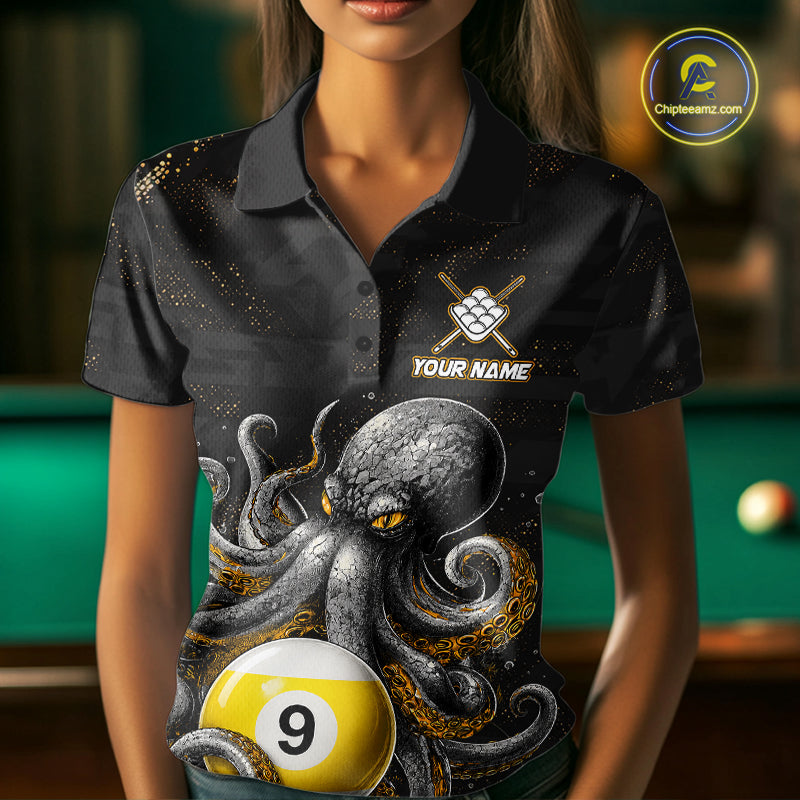 Woman wearing a funny octopus 9 ball billiard jersey front view.