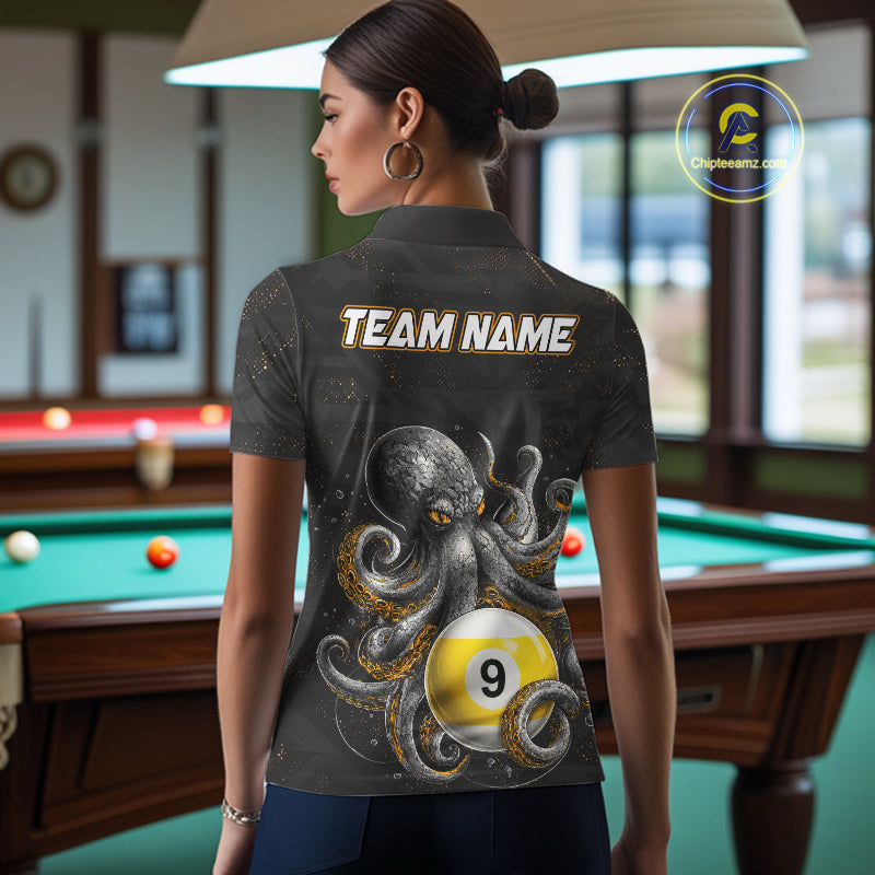 Back view of woman wearing a funny octopus 9 ball pool team jersey.