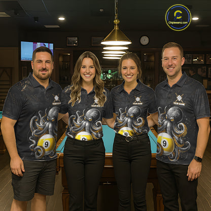 Pool team wearing matching funny octopus 9 ball billiard jerseys front view.