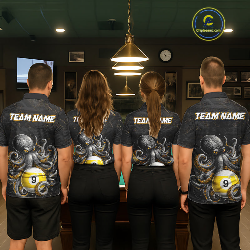 Back view of pool team wearing matching funny octopus 9 ball billiard shirts.