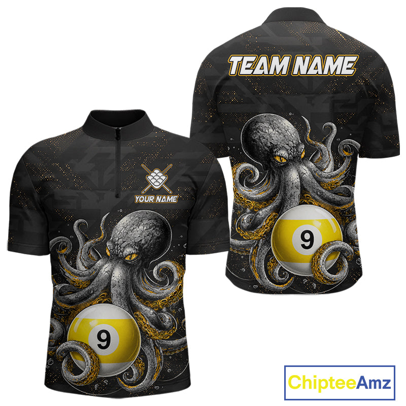 Funny octopus 9 ball quarter zip billiard shirt for men, personalized pool team jersey.