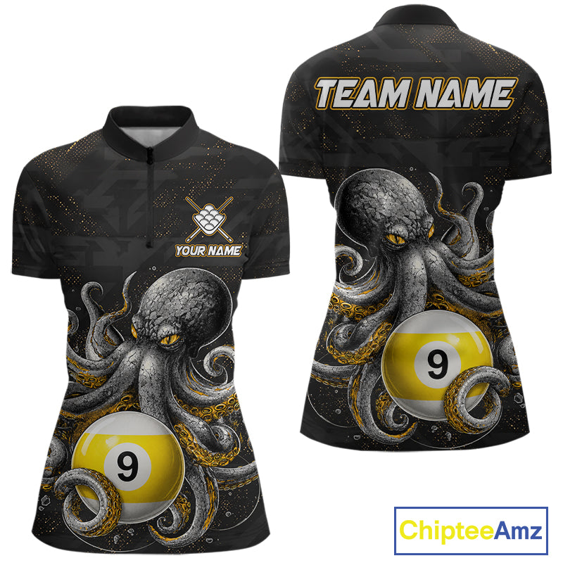 Funny octopus 9 ball quarter zip billiard shirt for women, personalized pool team jersey.