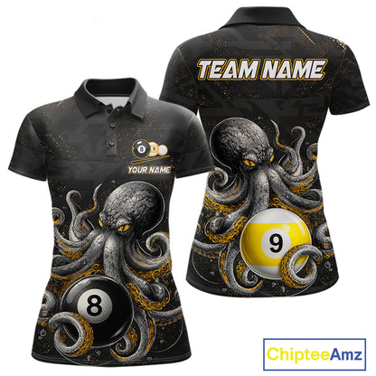 Funny octopus 8 ball and 9 ball billiard polo shirt for women, custom pool team jersey with ocean theme artwork.