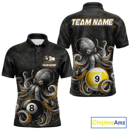 Funny octopus 8 ball and 9 ball billiard polo shirt for men, custom pool team jersey with ocean theme artwork.