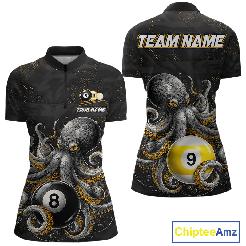 Funny octopus 8 ball and 9 ball quarter zip billiard shirt for women, custom pool team jersey.