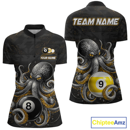 Funny octopus 8 ball and 9 ball quarter zip billiard shirt for women, custom pool team jersey.