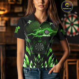 Personalized Green Icy Lightning Darts Shirt For Women Custom Dart League Team Jersey Polo & 1/4 Zip TDM4464