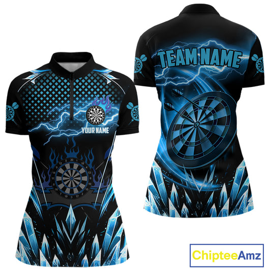 Personalized Blue Icy Lightning Darts Shirt For Women Custom Dart League Team Jersey Polo & 1/4 Zip TDM4465