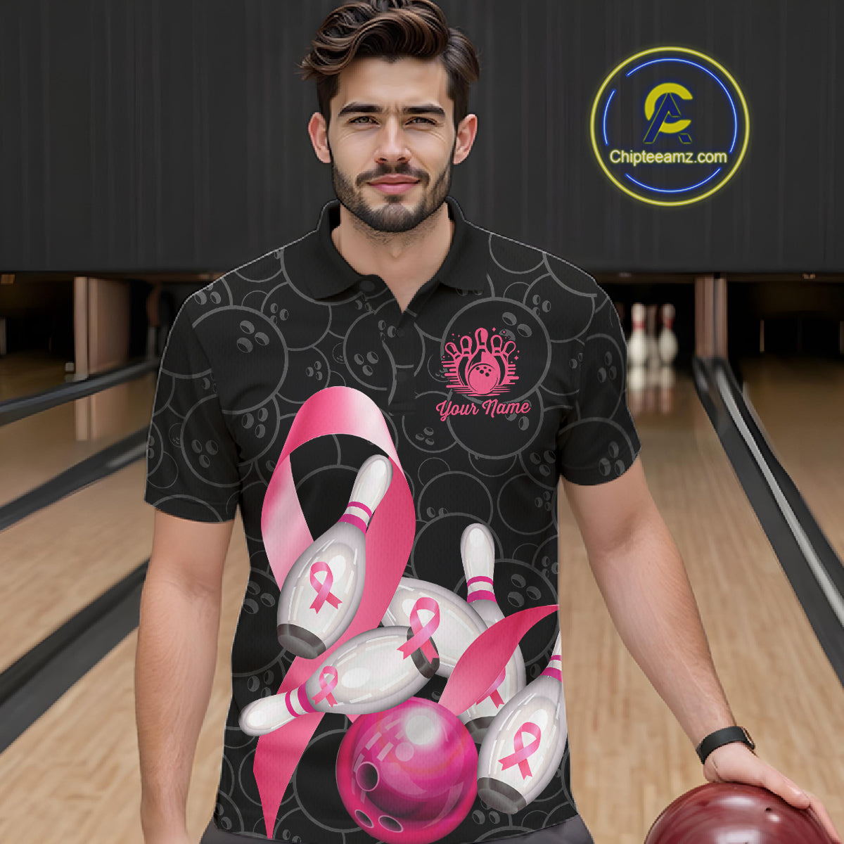 Man wearing pink ribbon breast cancer awareness bowling team jersey polo shirt featuring pink ribbon artwork, front view.