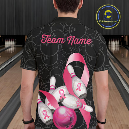 Man wearing pink ribbon breast cancer awareness bowling team jersey polo shirt featuring pink ribbon artwork, back view.