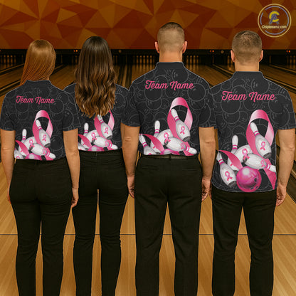 Bowling team wearing matching pink ribbon breast cancer awareness bowling team jerseys, back view.