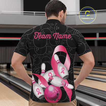 Man wearing pink ribbon breast cancer awareness bowling team jersey quarter zip shirt featuring pink ribbon artwork, back view.