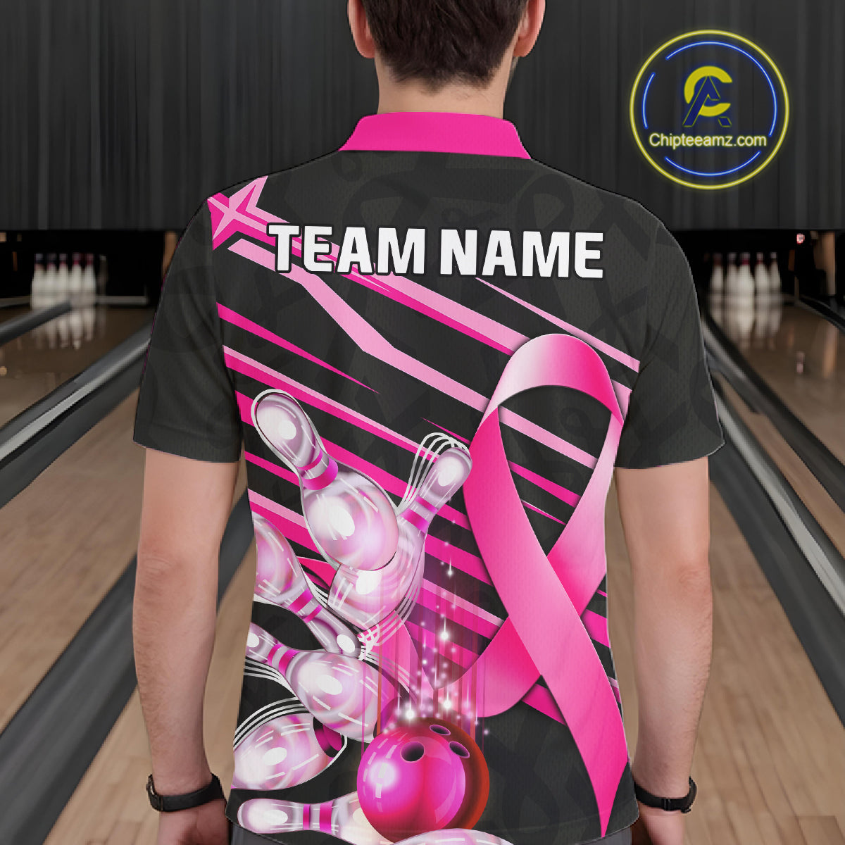 Man wearing personalized pink ribbon breast cancer awareness bowling team jersey polo shirt featuring pink ribbon artwork, back view.