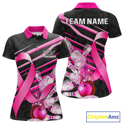 Personalized pink ribbon breast cancer awareness bowling team jersey polo shirt for women featuring pink ribbon artwork, premium custom bowling league apparel.