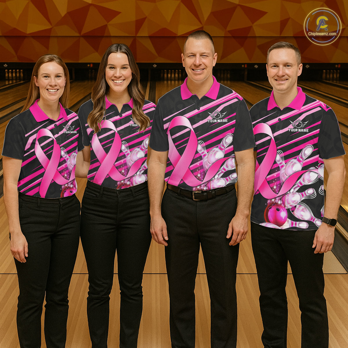 Bowling team wearing matching personalized pink ribbon breast cancer awareness bowling team jerseys, front view.