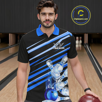 Man wearing personalized black and blue glowing bowling team jersey polo shirt featuring glowing bowling artwork, front view.