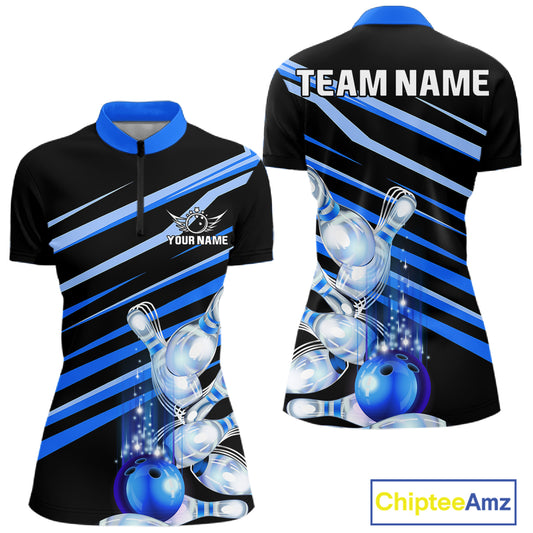 Personalized black and blue glowing bowling team jersey quarter zip shirt for women featuring black and blue glowing bowling graphics, premium custom bowling apparel.