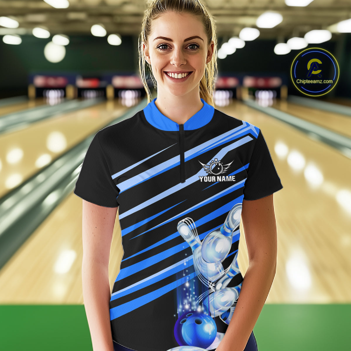 Woman wearing personalized black and blue glowing bowling team jersey quarter zip shirt featuring glowing bowling artwork, front view.
