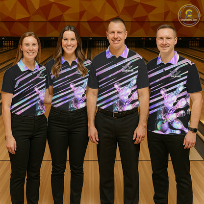 Bowling team wearing matching personalized holographic bowling team jerseys, front view.