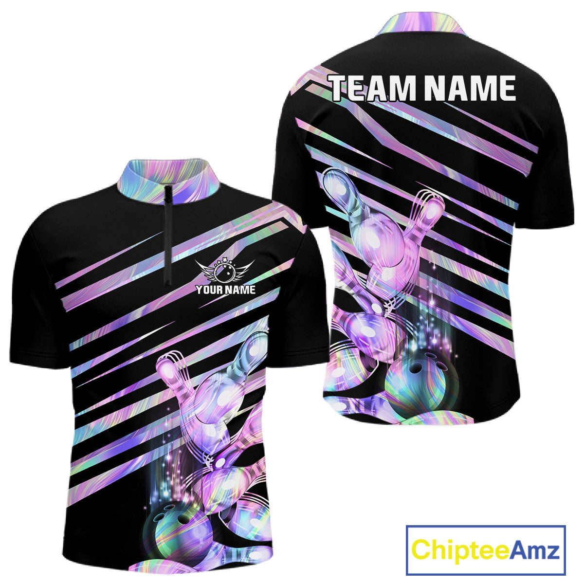 Personalized holographic bowling team jersey quarter zip shirt for men featuring colorful holographic bowling graphics, premium custom bowling apparel.