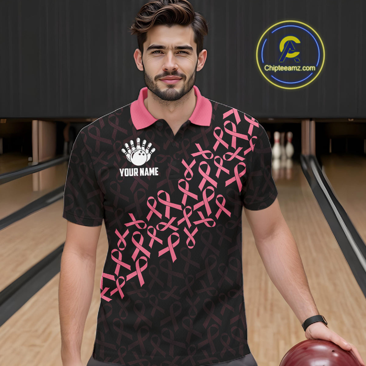 Man wearing pink ribbon American flag bowling team jersey polo shirt featuring breast cancer awareness artwork, front view.