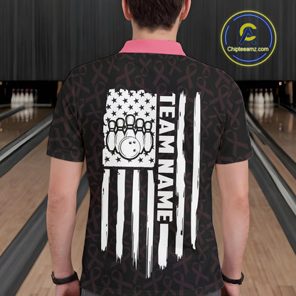 Man wearing pink ribbon American flag bowling team jersey polo shirt featuring breast cancer awareness artwork, back view.