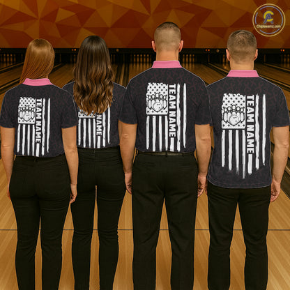Bowling team wearing matching pink ribbon American flag bowling team jerseys, back view.