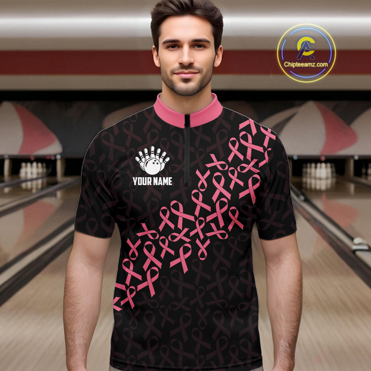 Man wearing pink ribbon American flag bowling team jersey quarter zip shirt featuring breast cancer awareness artwork, front view.