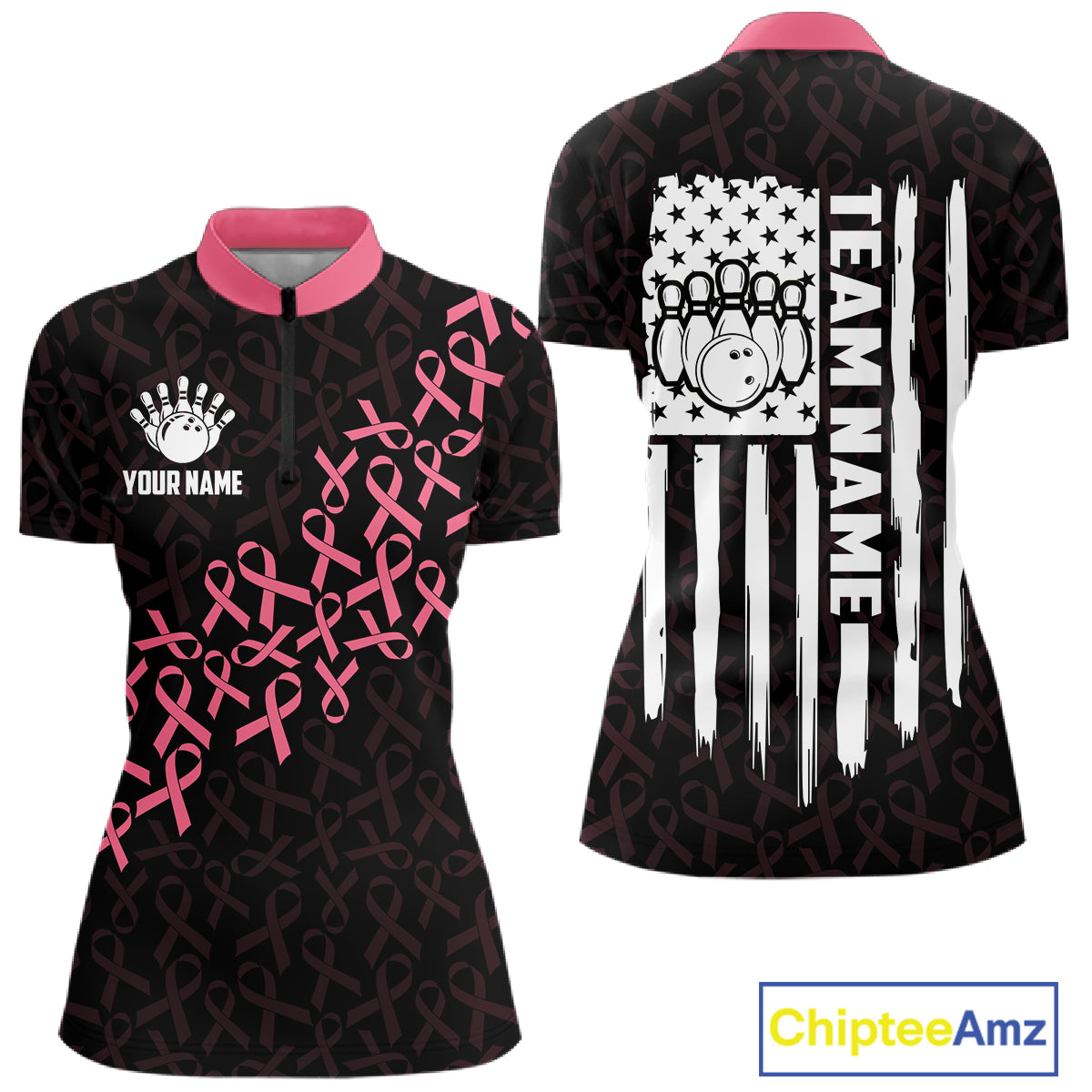 Pink ribbon American flag bowling team jersey quarter zip shirt for women featuring patriotic American flag and breast cancer awareness ribbon artwork.