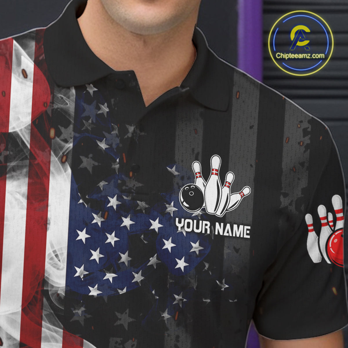 Close-up of personalized vintage smoke American flag bowling team jersey polo shirt featuring collar, buttons and vintage smoke American flag artwork.