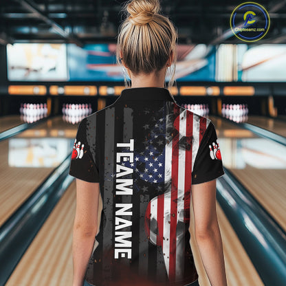 Woman wearing personalized vintage smoke American flag bowling team jersey polo shirt featuring patriotic USA flag artwork, back view.